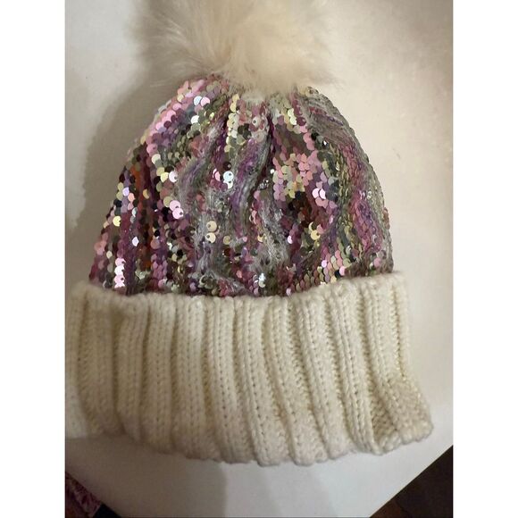 Tucker + Tate Kids Sparkle Sequins Rib Knit Pom Beanie Hat Purple White One Size - Picture 7 of 7
